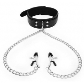 Черный ошейник с зажимами на соски на цепочке - Notabu - купить с доставкой в Находке