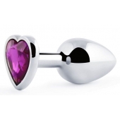 Серебристая анальная пробка с фиолетовым кристаллом-сердечком - 8 см. - Anal Jewelry Plug - купить с доставкой в Находке