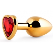 Золотистая анальная пробка с красным стразом-сердечком - 8 см. - Anal Jewelry Plug - купить с доставкой в Находке