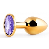 Золотистая анальная пробка с фиолетовым стразом - 7,2 см. - Anal Jewelry Plug - купить с доставкой в Находке