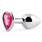 Серебристая анальная пробка с розовым кристаллом-сердечком - 7 см. - Anal Jewelry Plug - купить с доставкой в Находке