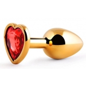 Золотистая анальная пробка с красным стразом-сердечком - 7 см. - Anal Jewelry Plug - купить с доставкой в Находке