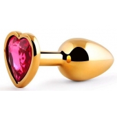 Золотистая анальная пробка с малиновым кристаллом-сердечком - 7 см. - Anal Jewelry Plug - купить с доставкой в Находке