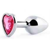 Серебристая анальная пробка с малиновым кристаллом-сердечком - 7 см. - Anal Jewelry Plug - купить с доставкой в Находке