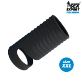 Черная открытая насадка на пенис с кольцом для мошонки XXL-size - 9,4 см. - Sex Expert - в Находке купить с доставкой