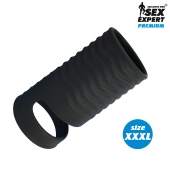 Черная открытая насадка на пенис с кольцом для мошонки XXXL-size - 9,9 см. - Sex Expert - в Находке купить с доставкой