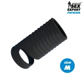 Черная открытая насадка на пенис с кольцом для мошонки size M - 7,9 см. - Sex Expert - в Находке купить с доставкой