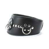 Чёрный кожаный ошейник с полукольцами и клёпками - БДСМ Арсенал - купить с доставкой в Находке