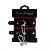 Черные наручники с красной подкладкой, строчками и скругленными ремешками - Crazy Handmade - купить с доставкой в Находке