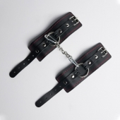 Черные кожаные наручники с красной строчкой - Crazy Handmade - купить с доставкой в Находке