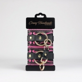 Черные кожаные наручники с розовой строчкой - Crazy Handmade - купить с доставкой в Находке