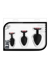 Набор черных анальных пробок с красным кристаллом-сердечком Bling Plugs Training Kit - Blush Novelties - купить с доставкой в Находке