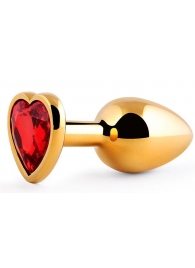 Золотистая анальная пробка с красным стразом-сердечком - 8 см. - Anal Jewelry Plug - купить с доставкой в Находке