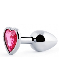 Серебристая анальная пробка с розовым кристаллом-сердечком - 7 см. - Anal Jewelry Plug - купить с доставкой в Находке