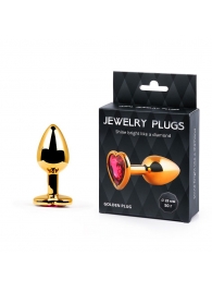 Золотистая анальная пробка с малиновым кристаллом-сердечком - 7 см. - Anal Jewelry Plug - купить с доставкой в Находке