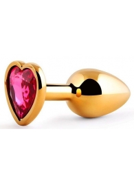 Золотистая анальная пробка с малиновым кристаллом-сердечком - 7 см. - Anal Jewelry Plug - купить с доставкой в Находке