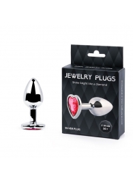Серебристая анальная пробка с малиновым кристаллом-сердечком - 7 см. - Anal Jewelry Plug - купить с доставкой в Находке