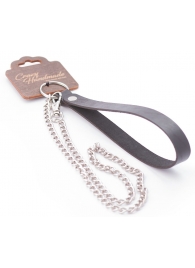 Серебристый металлический поводок с кожаной черной ручкой - 80 см. - Crazy Handmade - купить с доставкой в Находке