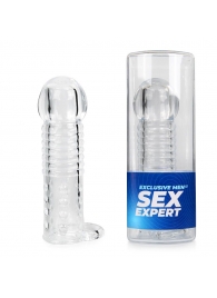 Прозрачная рельефная насадка-реалистик с петлей для мошонки - 13,5 см. - Sex Expert - в Находке купить с доставкой