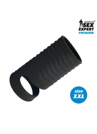 Черная открытая насадка на пенис с кольцом для мошонки XXL-size - 9,4 см. - Sex Expert - в Находке купить с доставкой