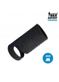 Черная открытая насадка на пенис с кольцом для мошонки size M - 7,9 см. - Sex Expert - в Находке купить с доставкой