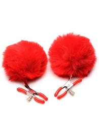 Красные зажимы на соски с помпонами Pom Pom - XR Brands - купить с доставкой в Находке