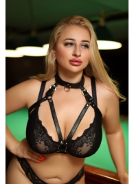 Черная кожаная сбруя с ошейником plus size из нежной кожи - БДСМ Арсенал - купить с доставкой в Находке