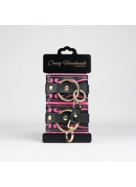 Черные кожаные наручники с розовой строчкой - Crazy Handmade - купить с доставкой в Находке