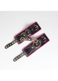 Черные кожаные наручники с розовой строчкой - Crazy Handmade - купить с доставкой в Находке