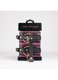 Черные кожаные оковы с розовой строчкой - Crazy Handmade - купить с доставкой в Находке