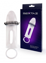 Закрытая насадка на пенис с подхватом мошонки и стимулирующими «ресничками» - Sextaz - в Находке купить с доставкой