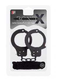 Чёрные наручники из листового металла в комплекте с веревкой BONDX METAL CUFFS LOVE ROPE SET - Dream Toys - купить с доставкой в Находке