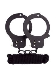 Чёрные наручники из листового металла в комплекте с веревкой BONDX METAL CUFFS LOVE ROPE SET - Dream Toys - купить с доставкой в Находке