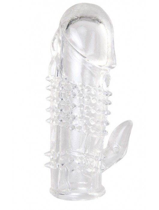 Прозрачная гелевая насадка с шипами и клиторальным отростком - 13 см. - Toyfa Basic - в Находке купить с доставкой