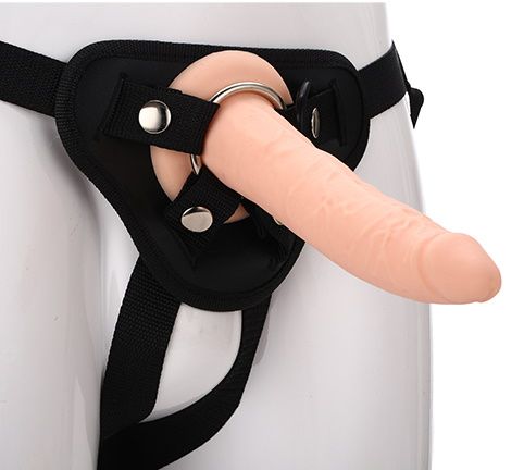 Телесный страпон на черных трусиках STRAP ON REAL DILDO - 20 см. - Dream Toys - купить с доставкой в Находке
