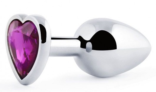 Серебристая анальная пробка с фиолетовым кристаллом-сердечком - 8 см. - Anal Jewelry Plug - купить с доставкой в Находке