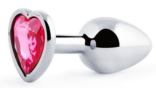 Серебристая анальная пробка с розовым кристаллом-сердечком - 7 см. - Anal Jewelry Plug - купить с доставкой в Находке