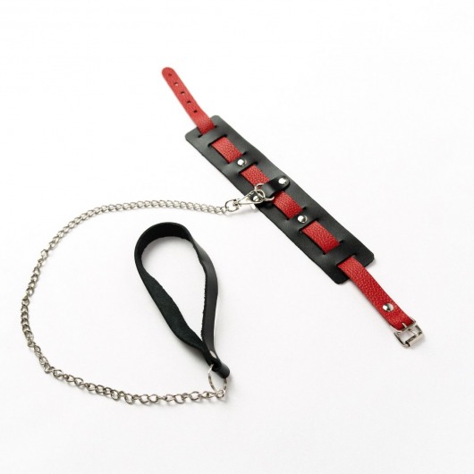 Черный ошейник с красным ремешком и поводком - Crazy Handmade - купить с доставкой в Находке