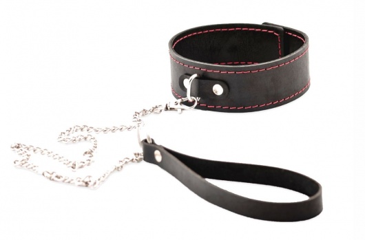 Черный широкий ошейник с красной строчкой и поводком - Crazy Handmade - купить с доставкой в Находке