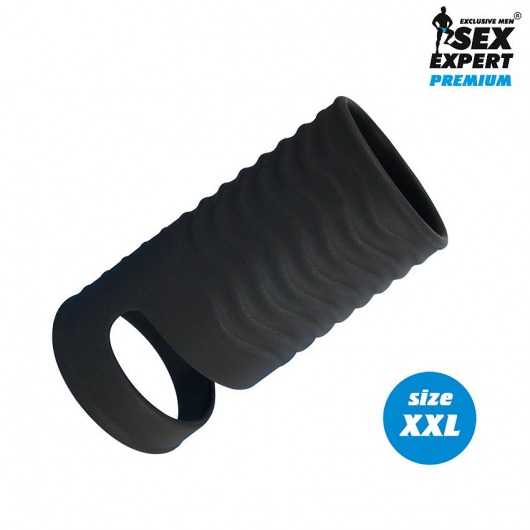Черная открытая насадка на пенис с кольцом для мошонки XXL-size - 9,4 см. - Sex Expert - в Находке купить с доставкой