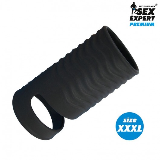 Черная открытая насадка на пенис с кольцом для мошонки XXXL-size - 9,9 см. - Sex Expert - в Находке купить с доставкой