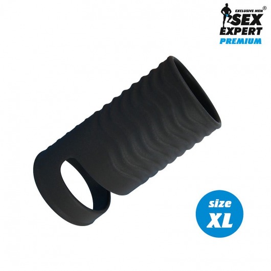 Черная открытая насадка на пенис с кольцом для мошонки XL-size - 8,9 см. - Sex Expert - в Находке купить с доставкой
