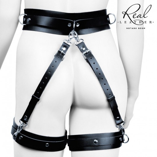 Черный кожаный пояс с гартерами - S-M - Notabu - купить с доставкой в Находке