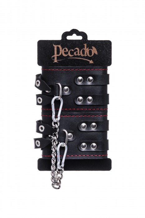 Черные кожаные оковы с двумя ремнями и контрастной строчкой - Pecado - купить с доставкой в Находке