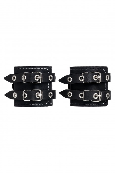 Черные кожаные наручники с двумя ремнями и красной подкладкой - Pecado - купить с доставкой в Находке