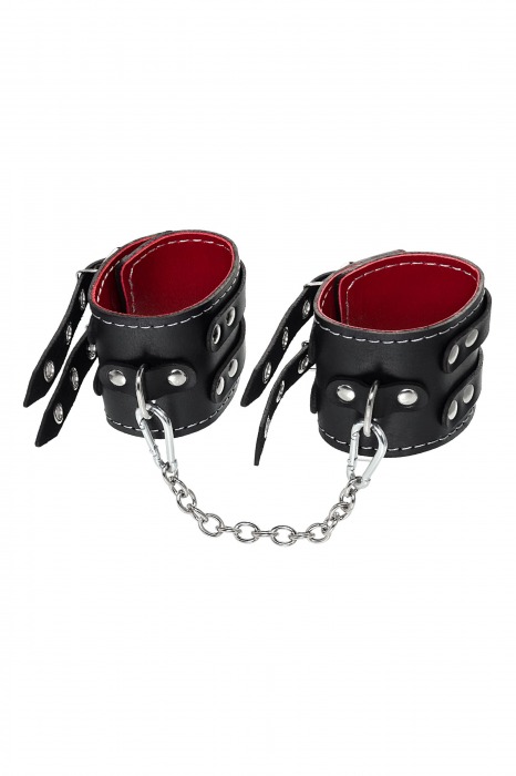 Черные кожаные оковы с двумя ремнями и красной подкладкой - Pecado - купить с доставкой в Находке