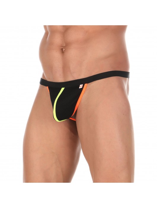 Черные сексуальные трусы-стринги с оранжевой и салатовой окантовкой - Wonderboom купить с доставкой
