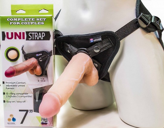 Страпон-унисекс с двумя насадками UNI strap 7  Harness - 19 и 16 см. - LOVETOY (А-Полимер) - купить с доставкой в Находке