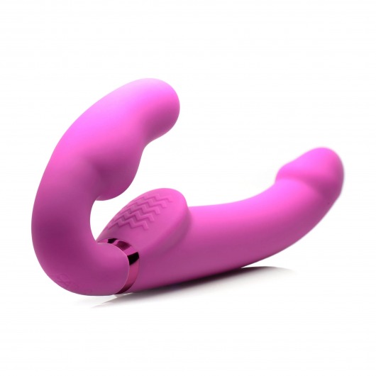 Розовый безремневой страпон с вибрацией и функцией расширения Inflatable Ergo-Fit Strapless Strap-On - XR Brands - купить с доставкой в Находке