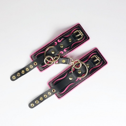 Черные кожаные наручники с розовой строчкой - Crazy Handmade - купить с доставкой в Находке